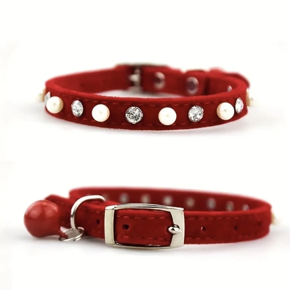 Luxurious Red Velvet Cat Collar with Pearls and Crystals